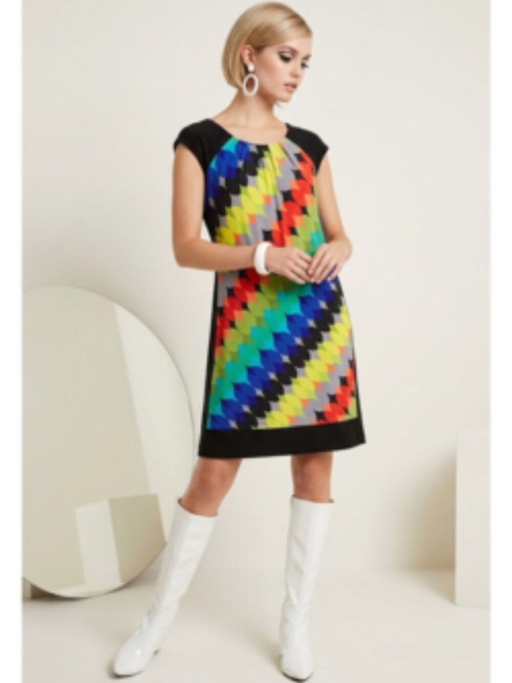 London Times Mod Retro Geometric Shift Dress Rainbow Colors Cap Sleeves, size 14